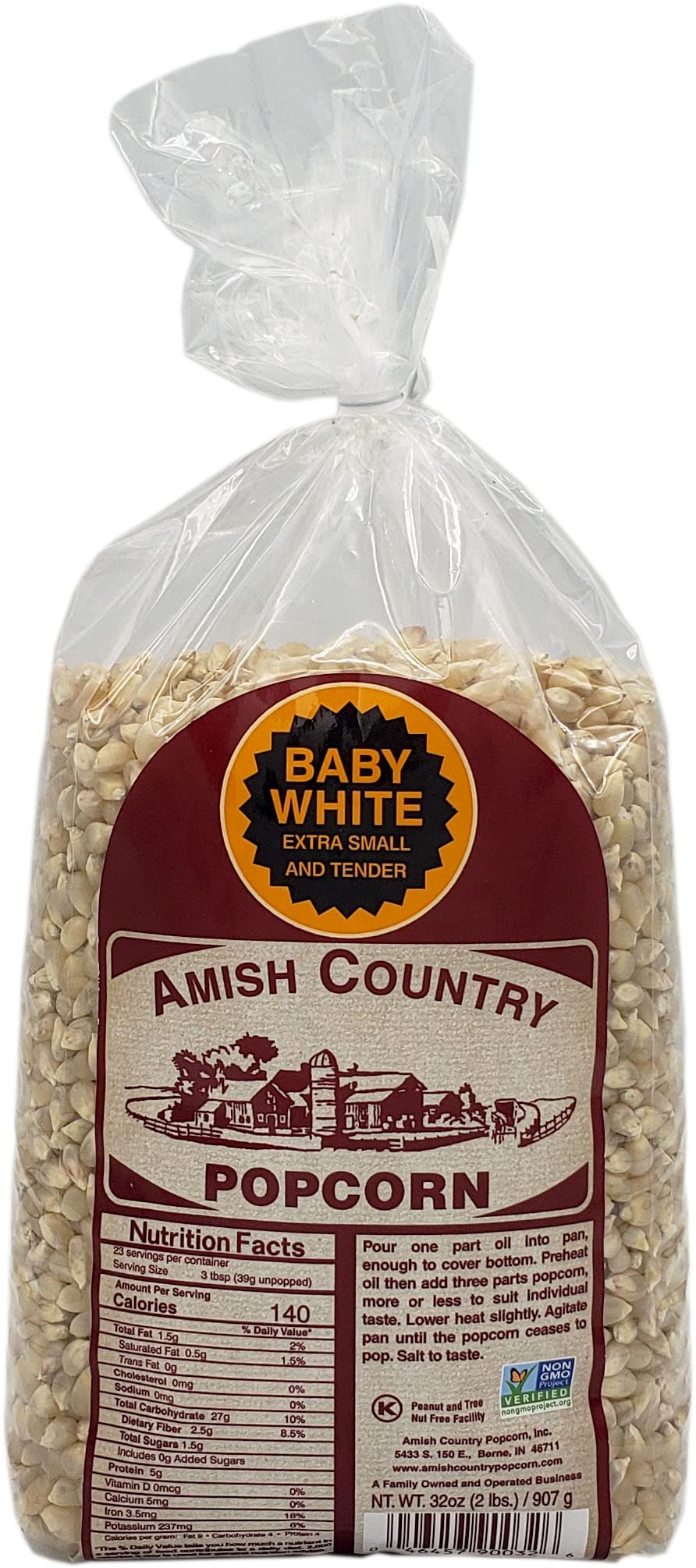 Amish Country Popcorn frente del paquete mostrando 2 lb y beneficio conveniencia