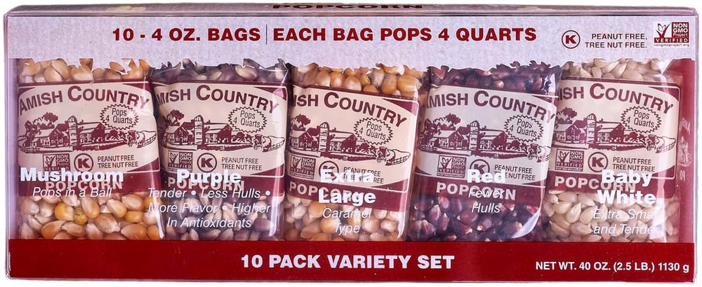 Amish Country Popcorn frente con 10 paquetes mostrando variedad y conveniencia