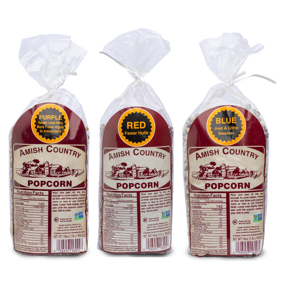 Amish Country Popcorn vistas frontales de tres bolsas, variedad lista para estallar