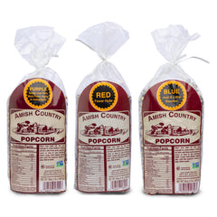 Amish Country Popcorn vistas frontales de tres bolsas, variedad lista para estallar