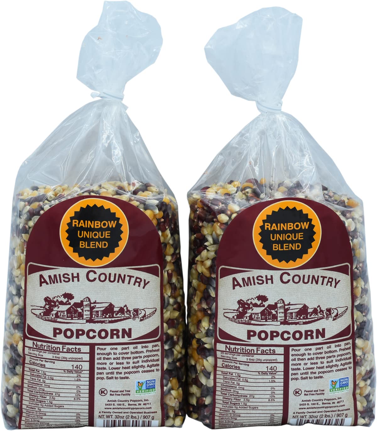 Amish Country Popcorn paquete frontal mostrando 2 bolsas y cantidad