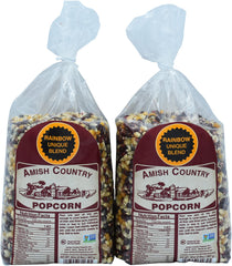 Amish Country Popcorn paquete frontal mostrando 2 bolsas y cantidad