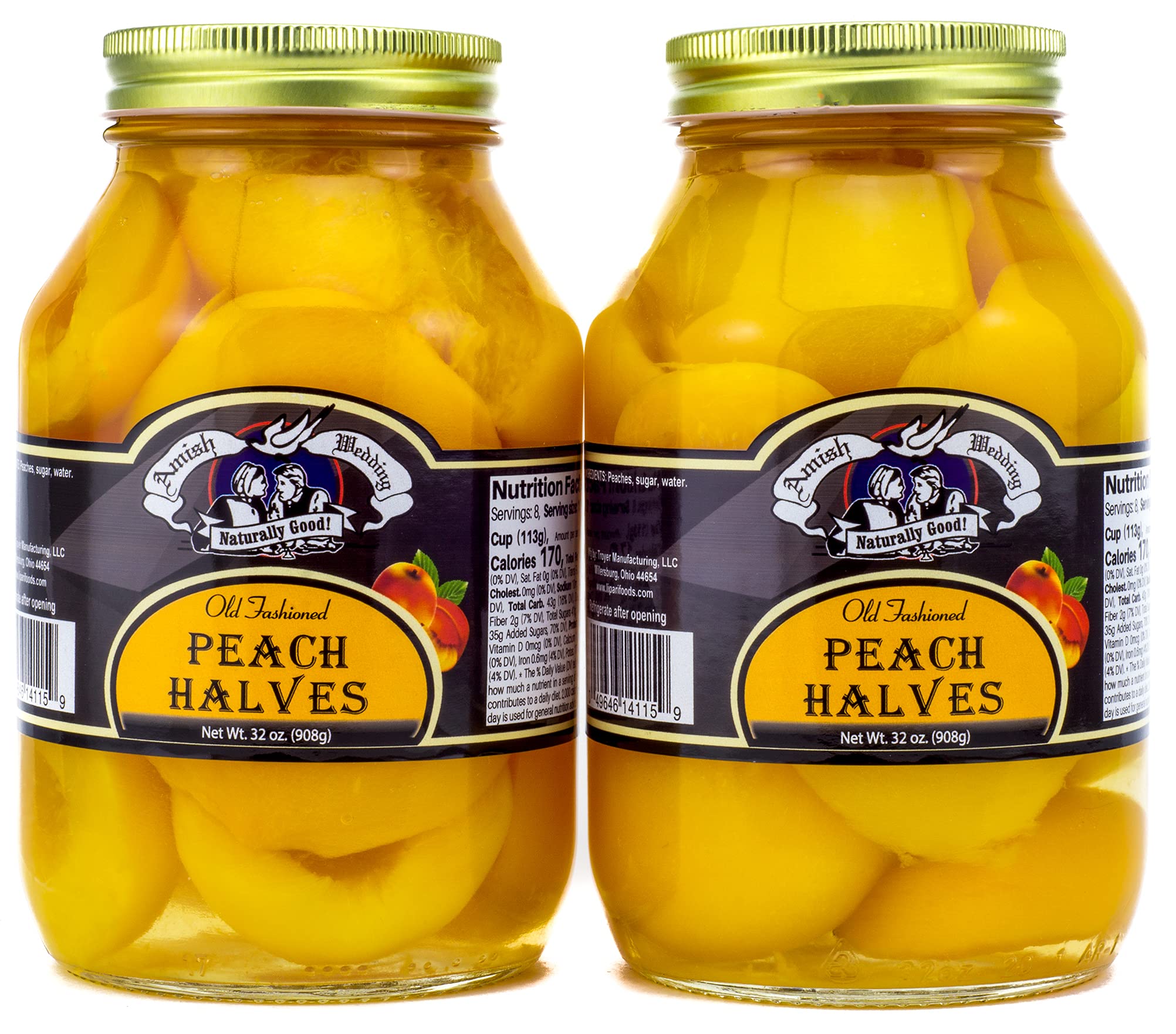 Amish Wedding frascos frontales mostrando pack de dos 32 oz con duraznos listos para usar