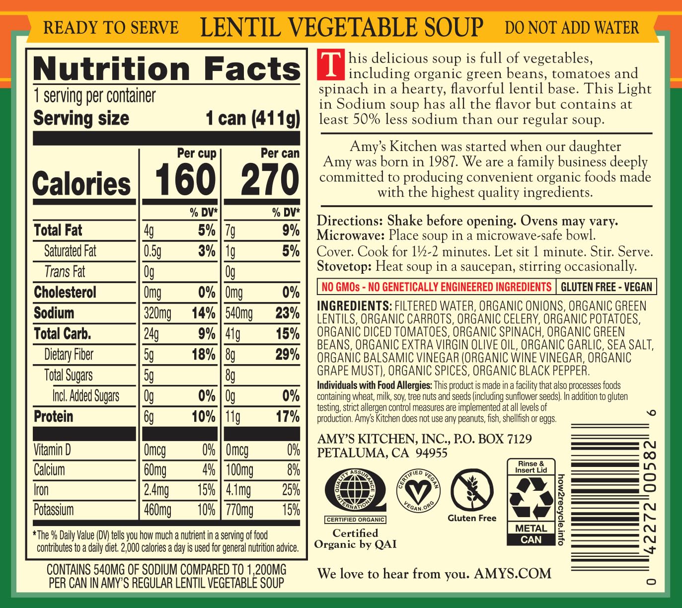 Amy's etiqueta nutricional mostrando proteína y fibra por porción