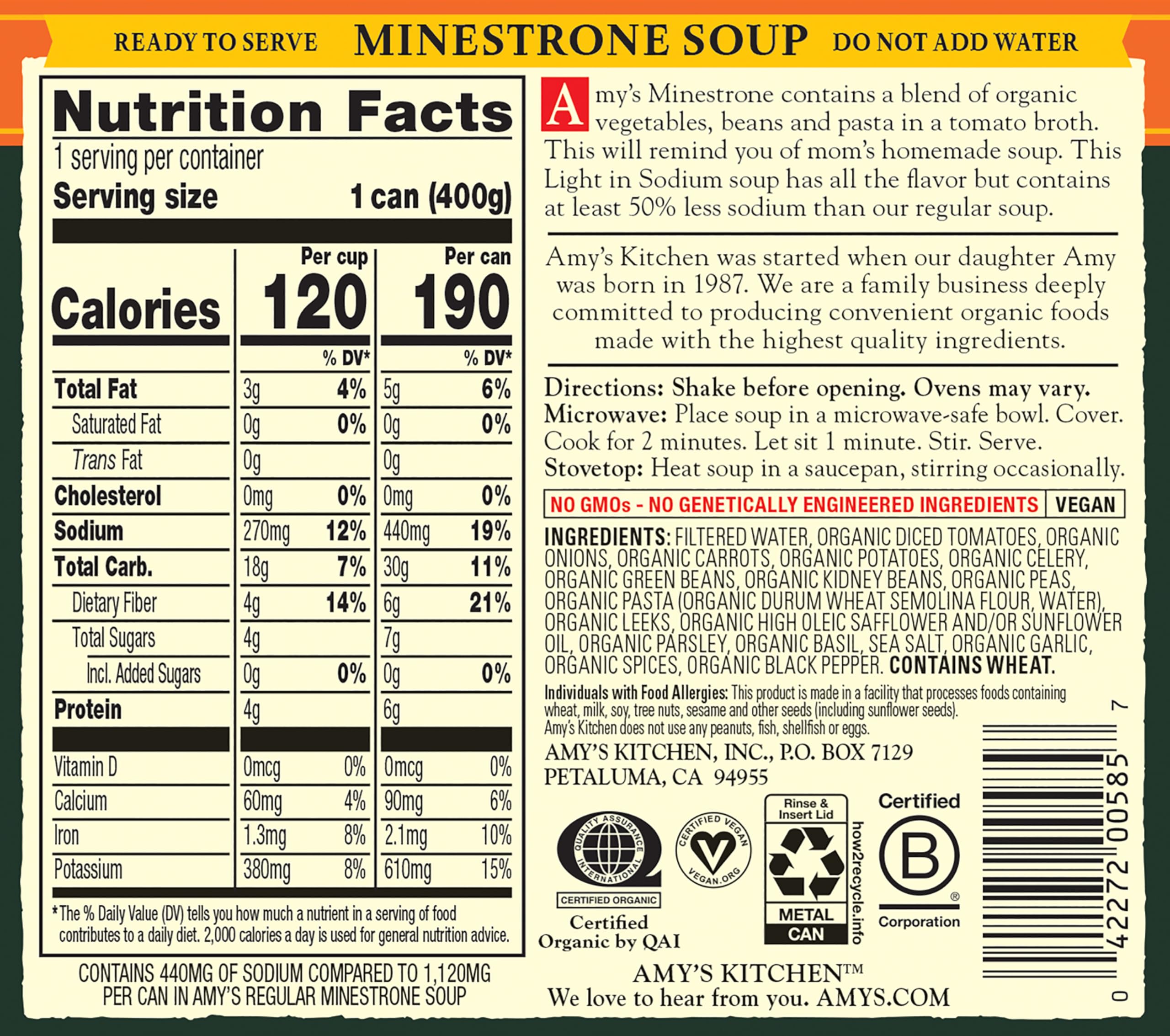 Primer plano de la textura de Amy's Minestrone, aspecto casero y reconfortante