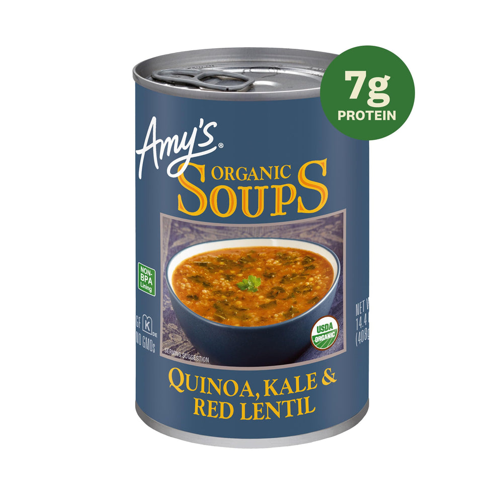 Amy's textura de sopa en cuchara con quinoa visible y atractivo