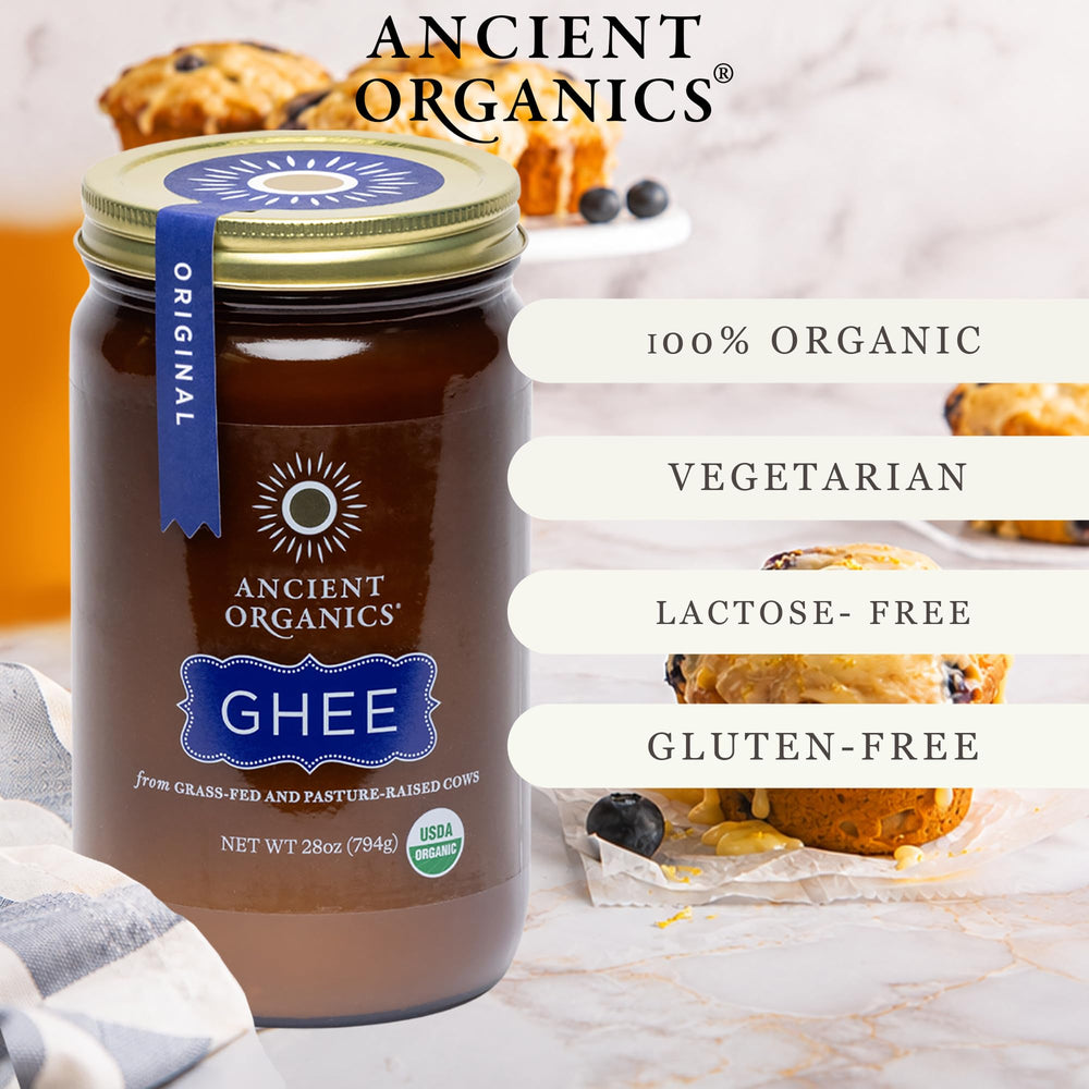 Ancient Organics ghee en sartén dorando alimentos para mejor sabor
