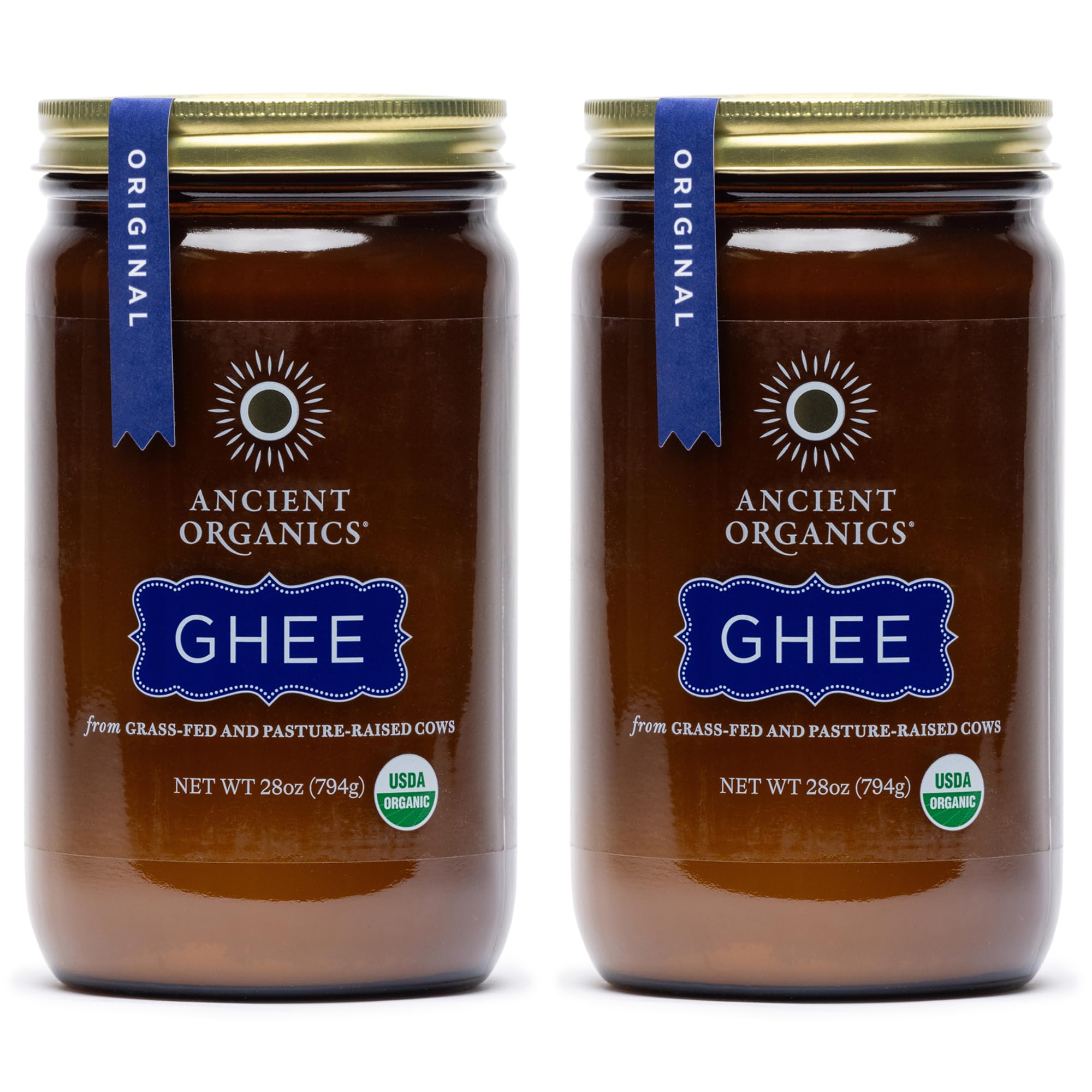 Ancient Organics ghee frente del envase mostrando sello orgánico y presentación