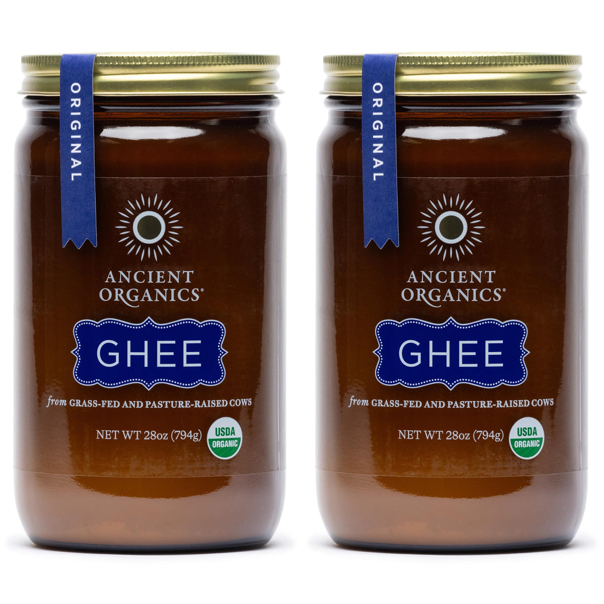 Ancient Organics ghee frente del envase mostrando sello orgánico y presentación