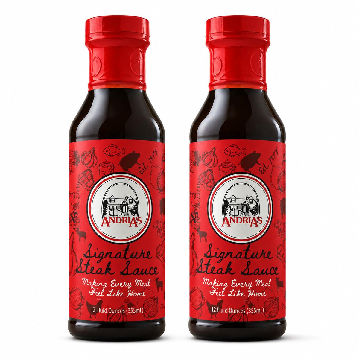 Andria's botella frontal pack de 2 mostrando etiqueta y beneficio de sabor consistente