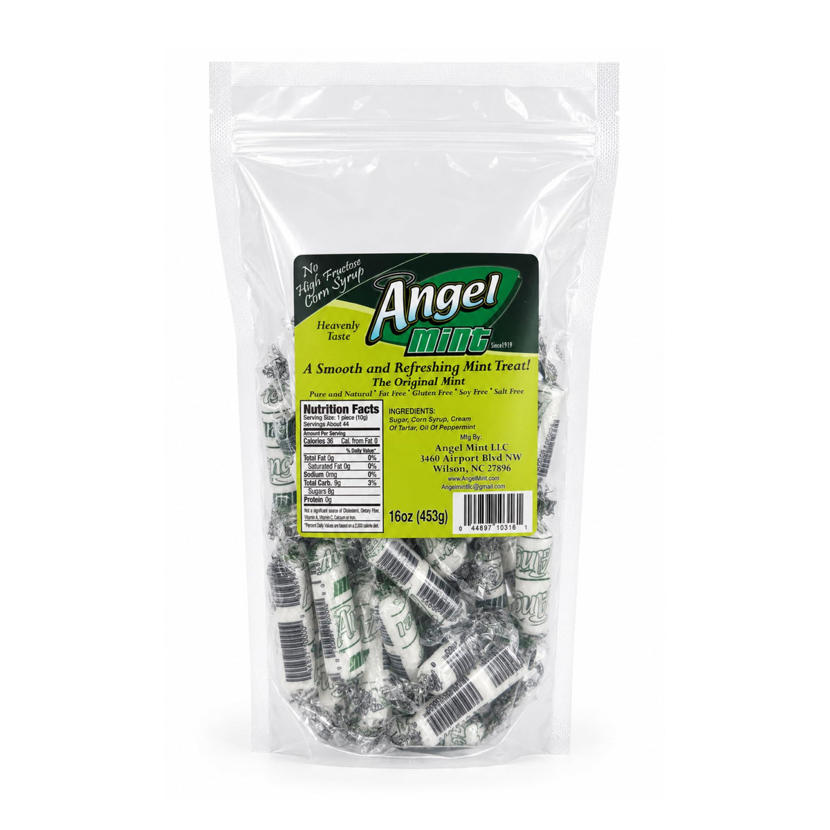 Angel Mint bolsa de 16 oz al frente mostrando el empaque resellable y presentación profesional