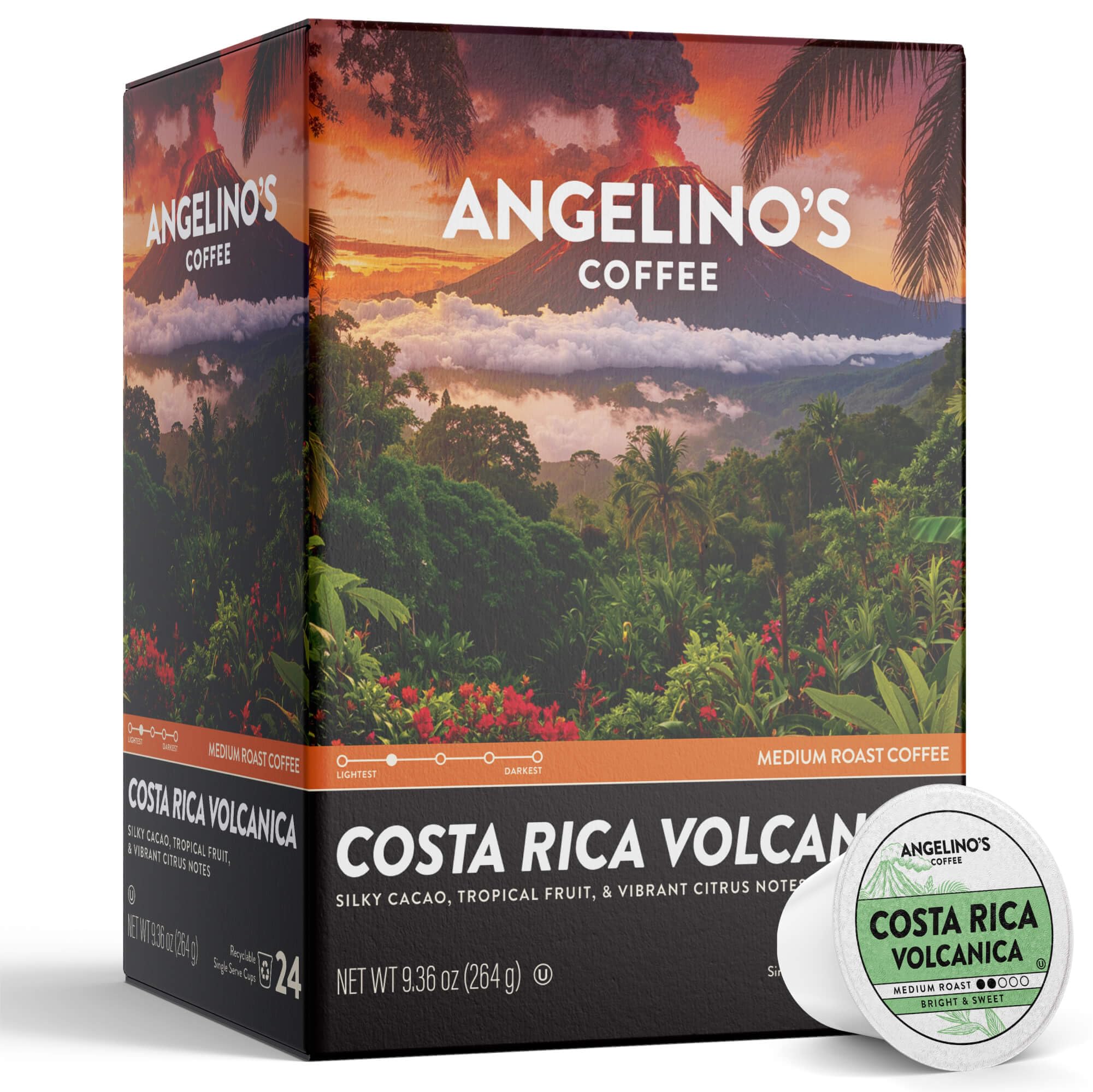 Angelino's Coffee empaque frontal mostrando cápsulas y beneficio conveniencia