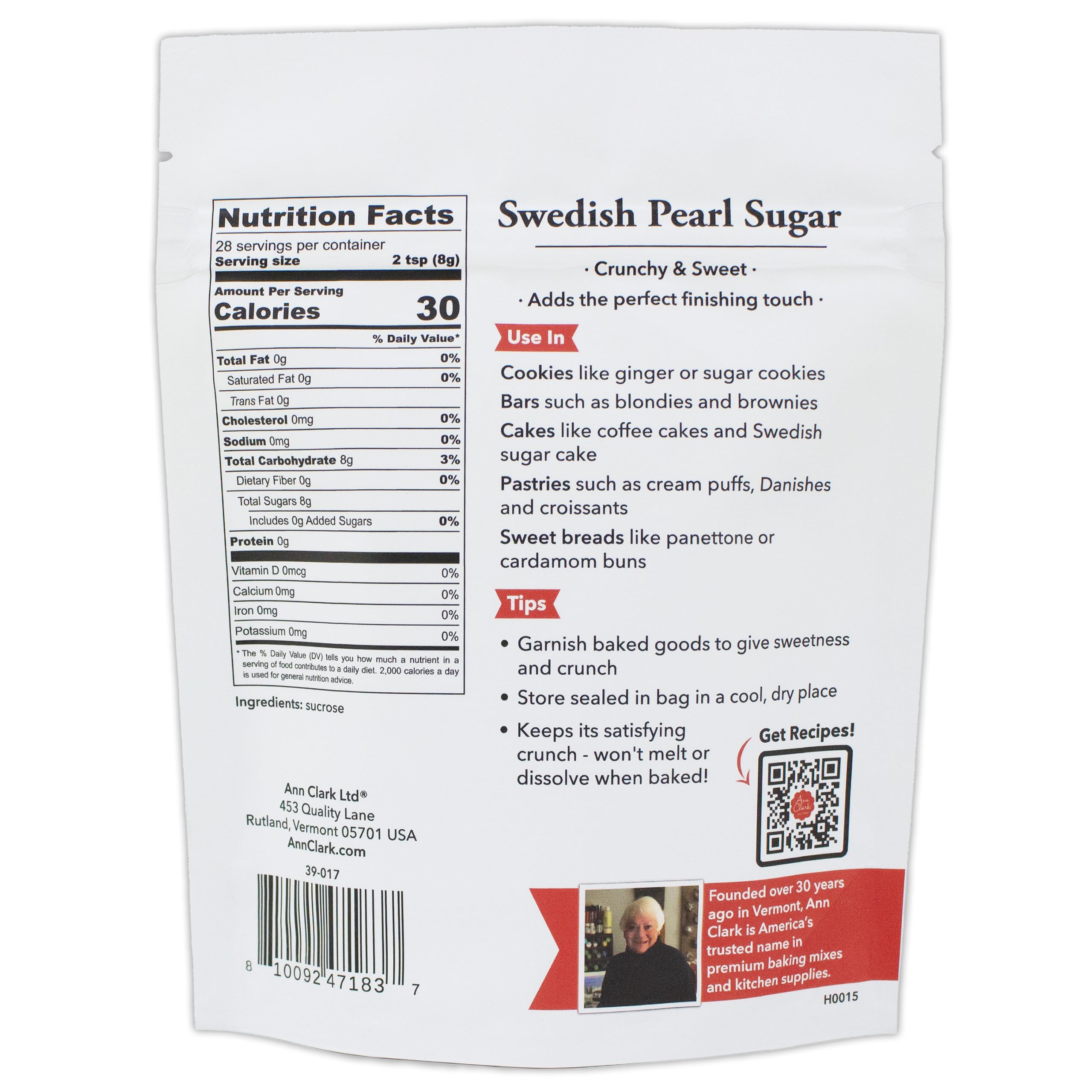 Ann Clark Swedish Pearl Sugar etiqueta y envase que indican calidad y uso en repostería