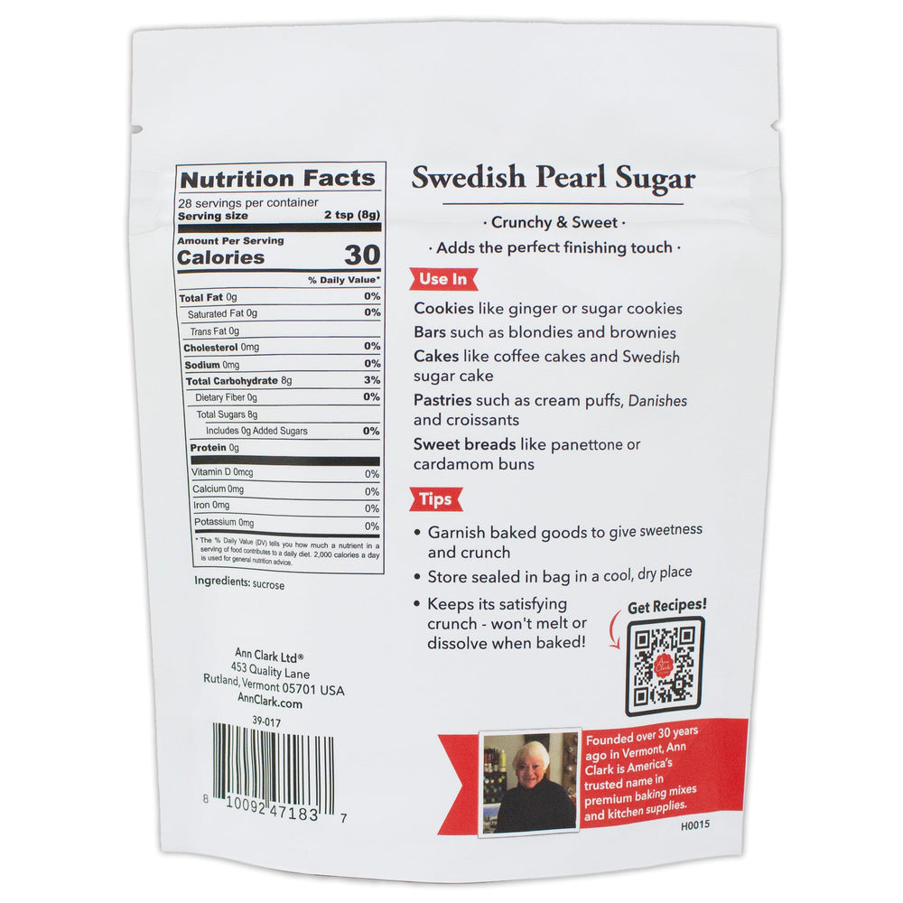Ann Clark Swedish Pearl Sugar etiqueta y envase que indican calidad y uso en repostería