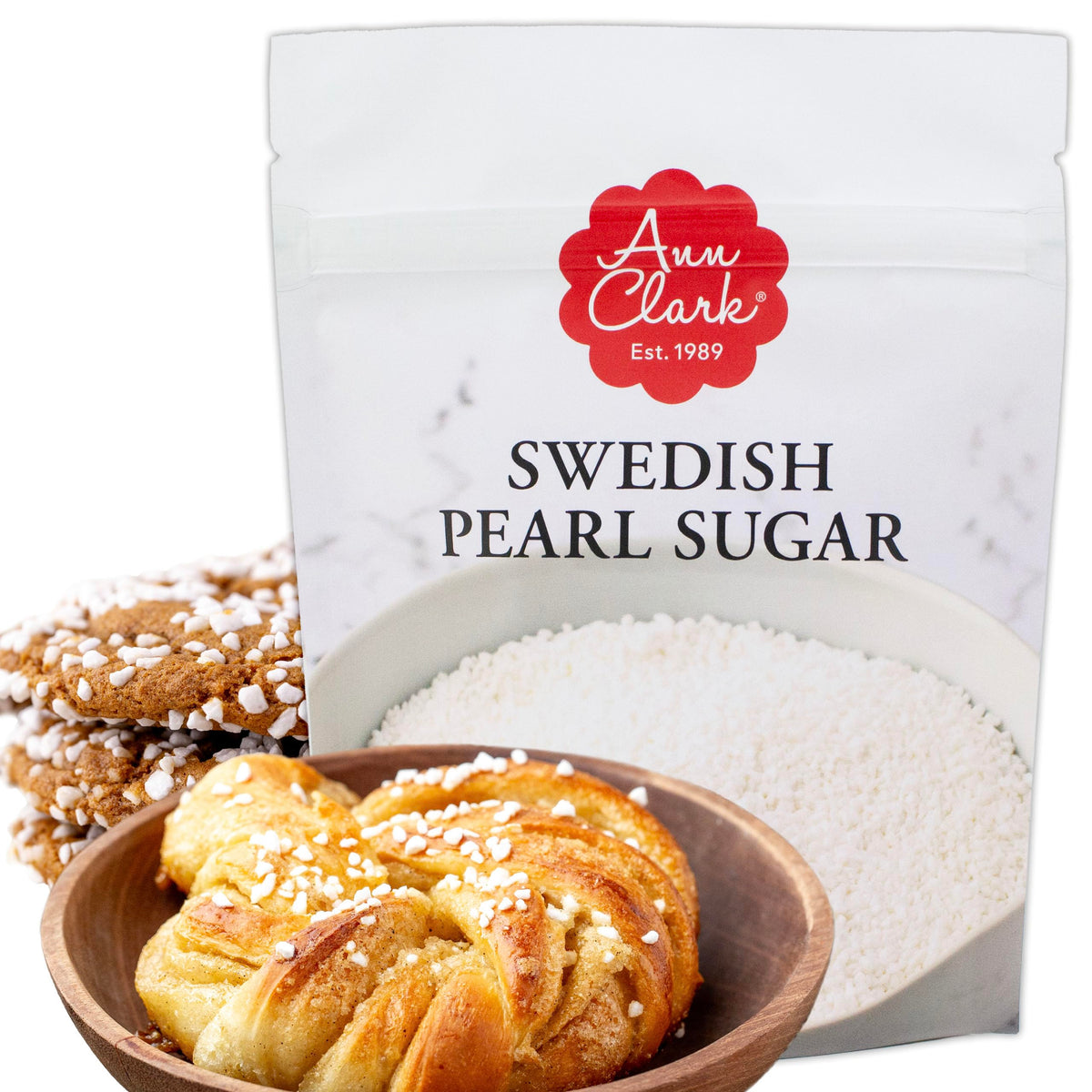 Ann Clark Swedish Pearl Sugar presentación frontal mostrando el envase y acabado profesional
