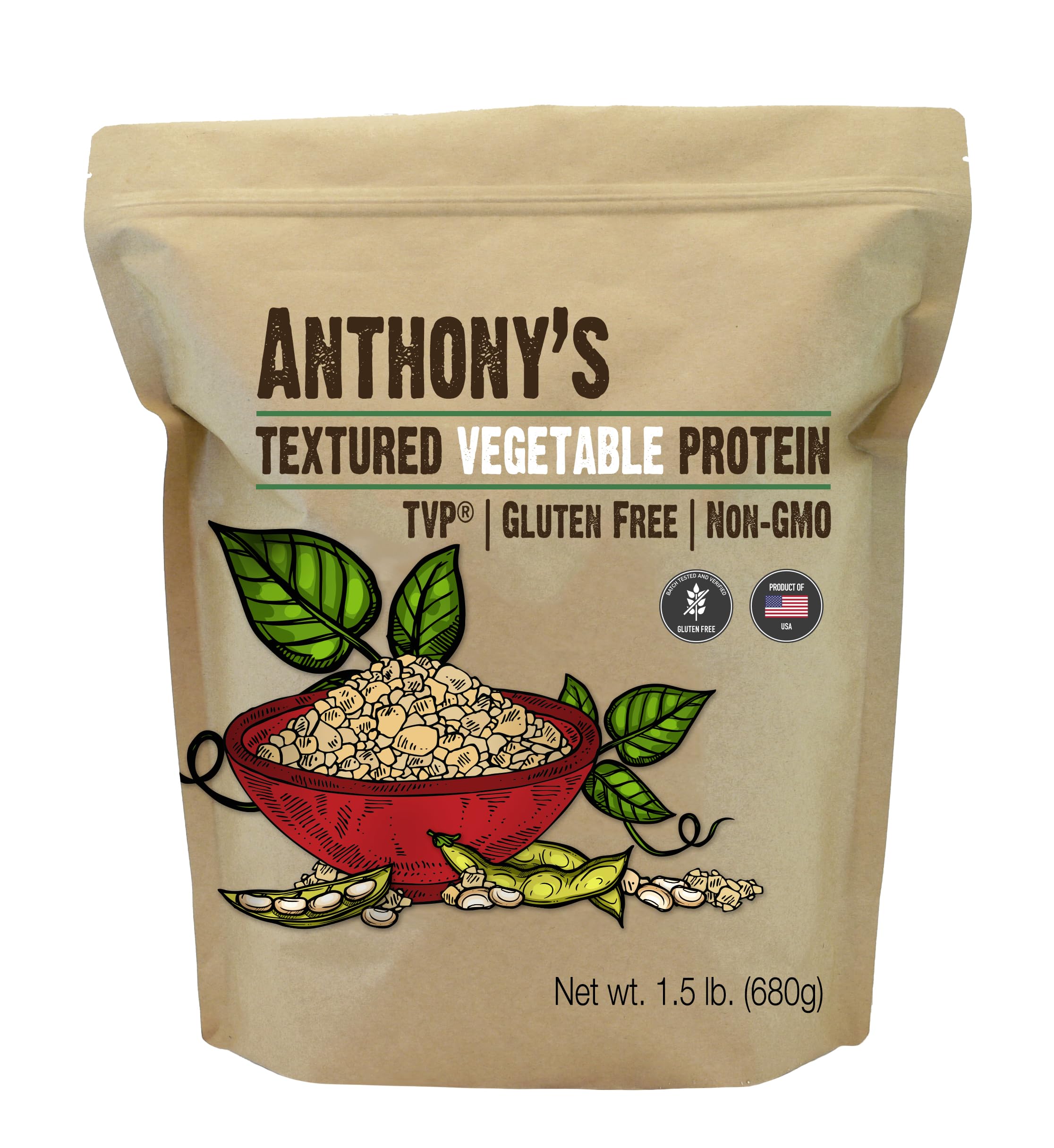 Anthony's paquete frontal de TVP mostrando la etiqueta y ventaja de sin gluten