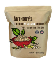Anthony's paquete frontal de TVP mostrando la etiqueta y ventaja de sin gluten