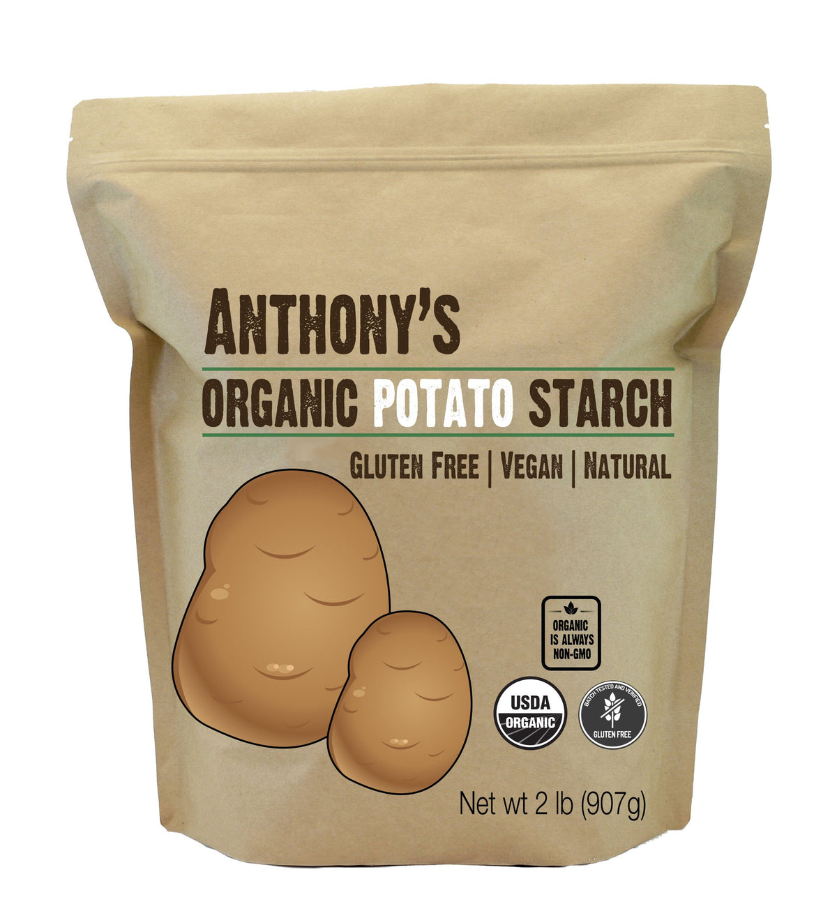 Anthony's almidón de patata frente del empaque que muestra producto orgánico