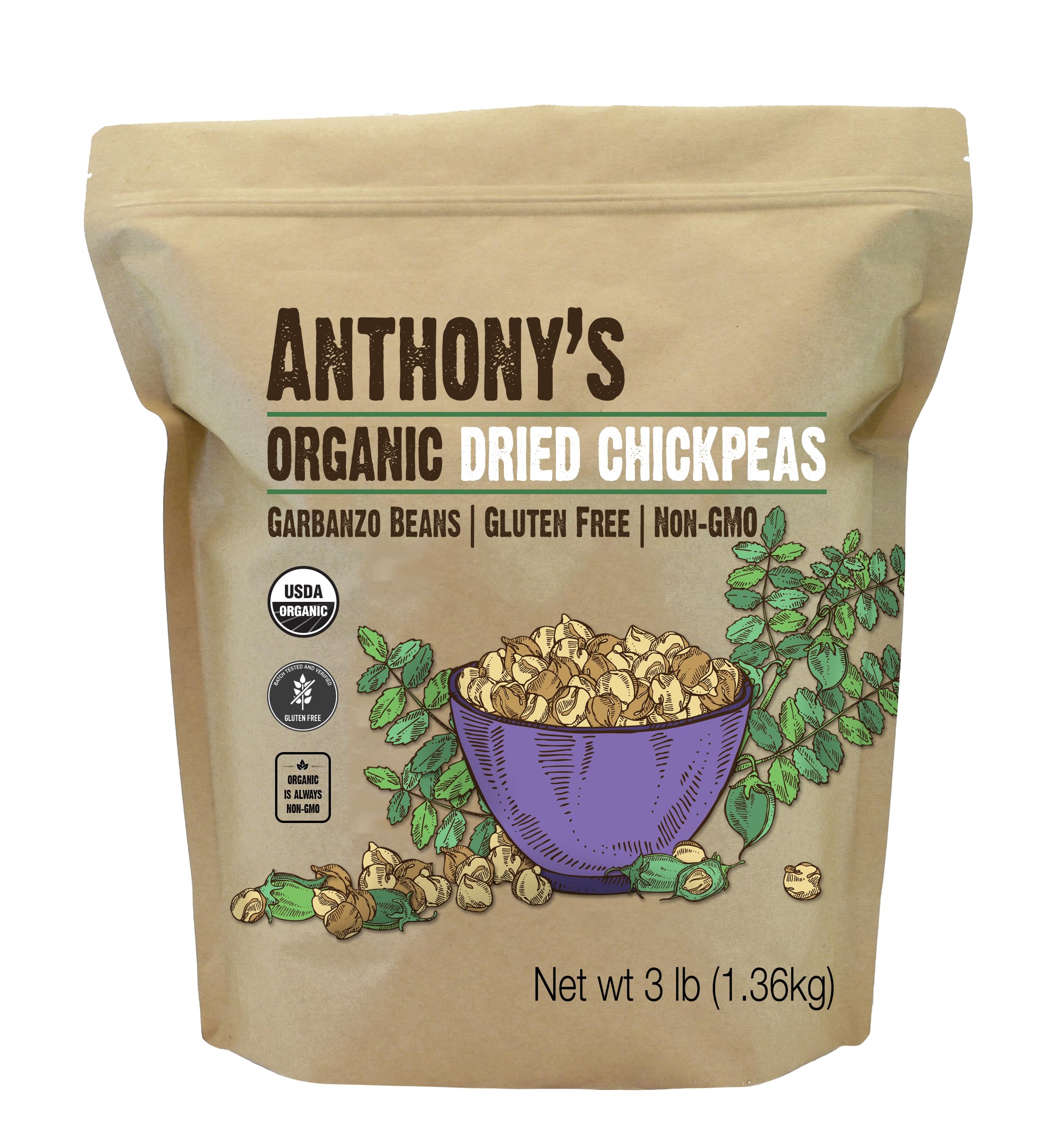 Anthony's paquete frontal de garbanzos orgánicos mostrando peso y sello