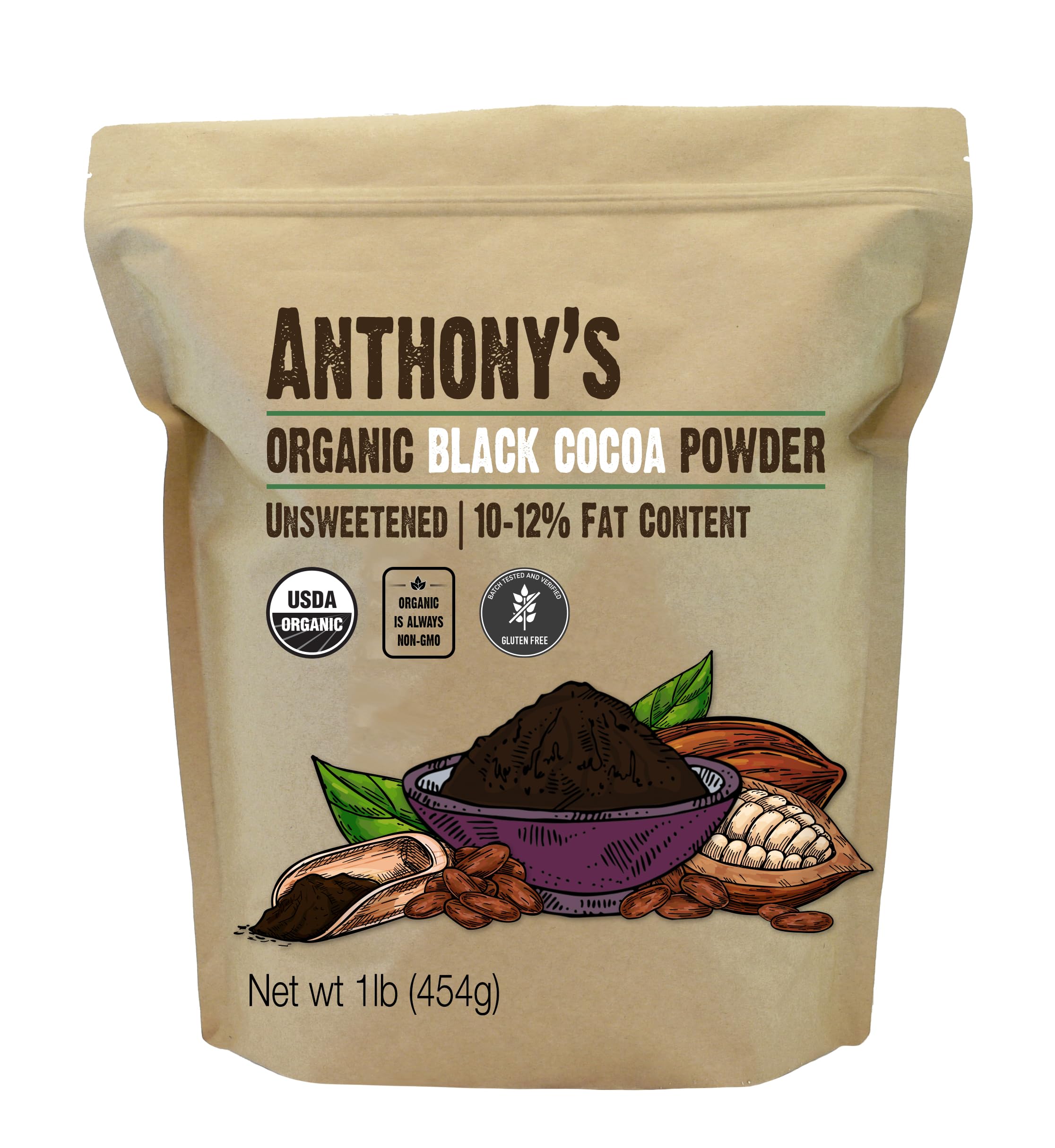 Anthony's paquete frontal de cacao negro orgánico mostrando presentación y beneficios