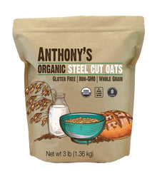 Anthony's paquete frontal de avena steel cut mostrando tamaño y sello orgánico