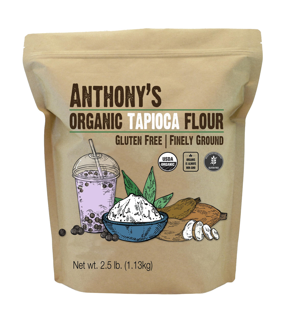Anthony's envase frontal de harina de tapioca orgánica mostrando el sello USDA Organic y beneficios