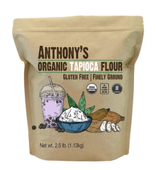 Anthony's envase frontal de harina de tapioca orgánica mostrando el sello USDA Organic y beneficios