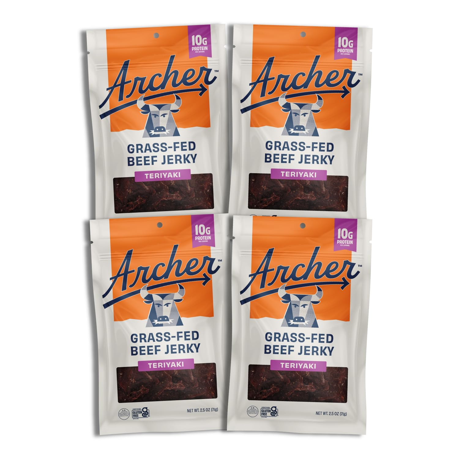 Archer Jerky teriyaki frontal del paquete mostrando diseño y tamaño útil