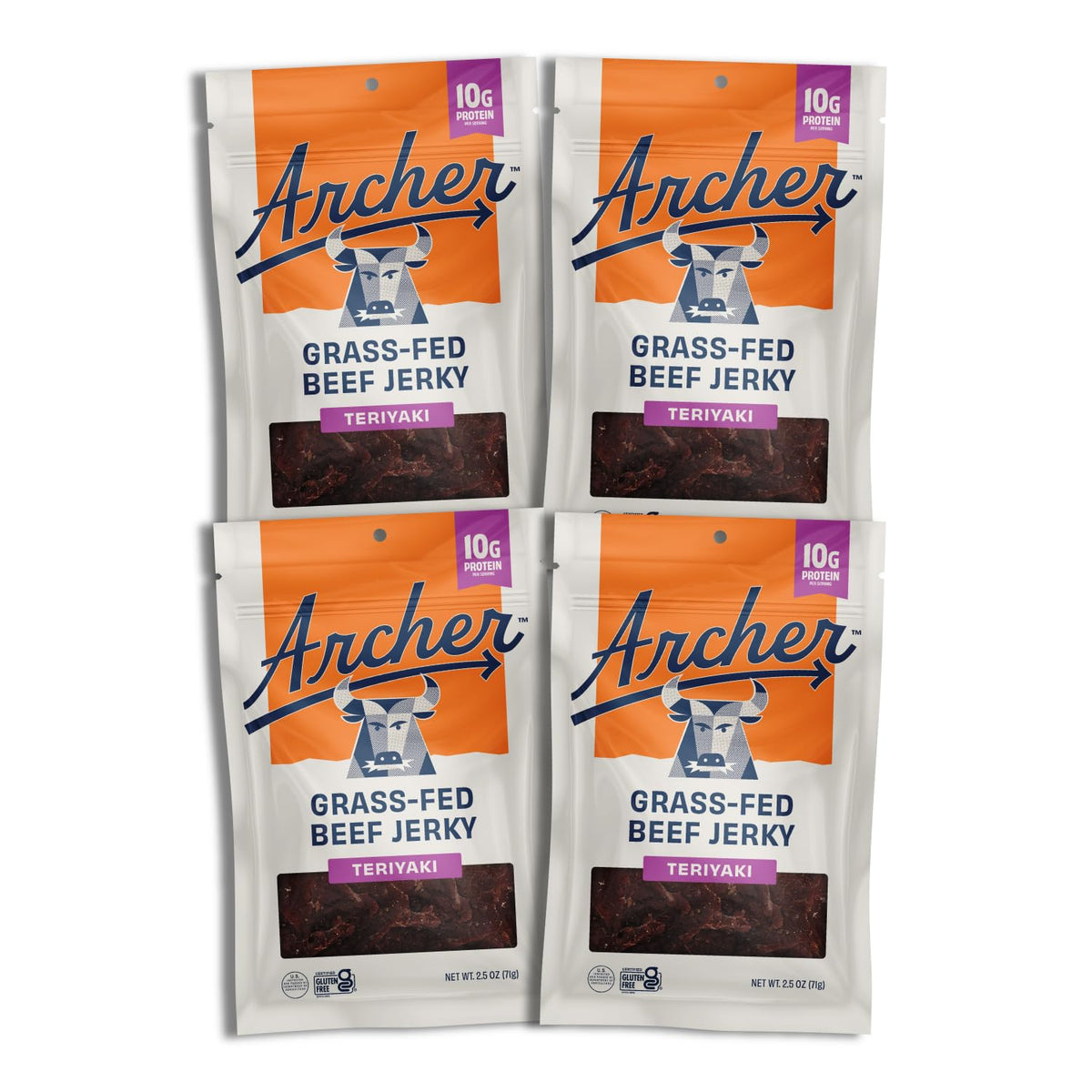 Archer Jerky teriyaki frontal del paquete mostrando diseño y tamaño útil