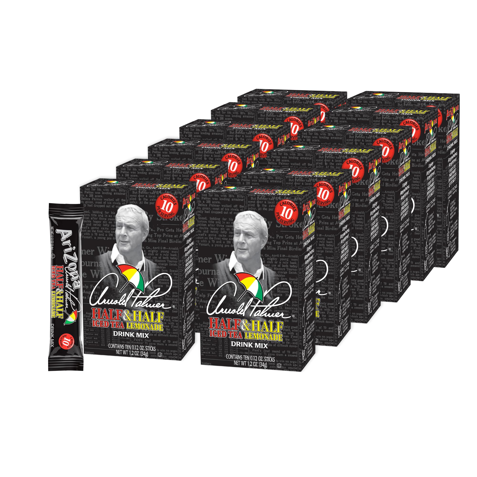 AriZona Arnold Palmer frente de caja mostrando los sobres y el logo, fácil transporte
