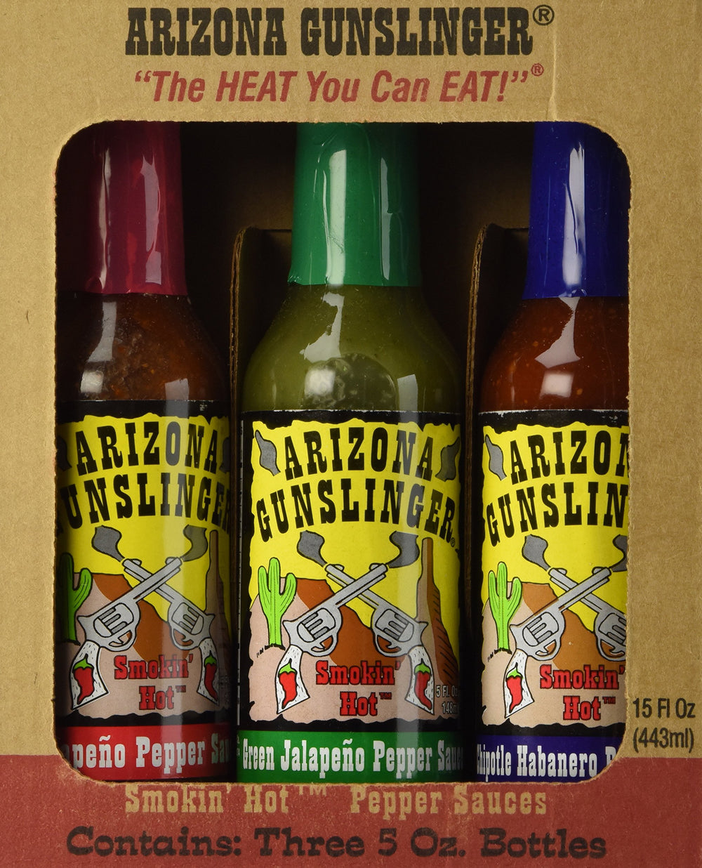 Arizona Gunslinger pack frontal con tres botellas visible y atractivo regalo