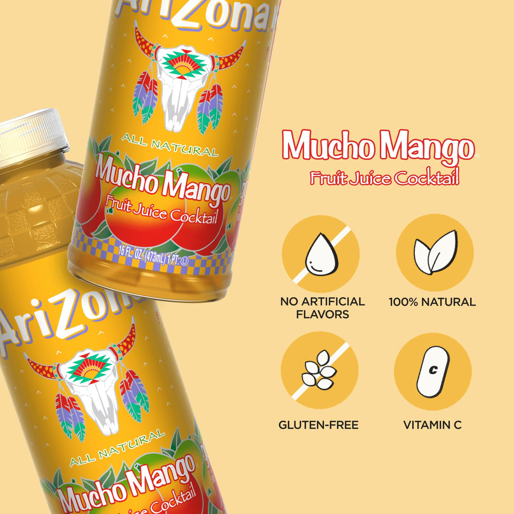 AriZona Mucho Mango botella en mano para comparar escala y facilidad de transporte