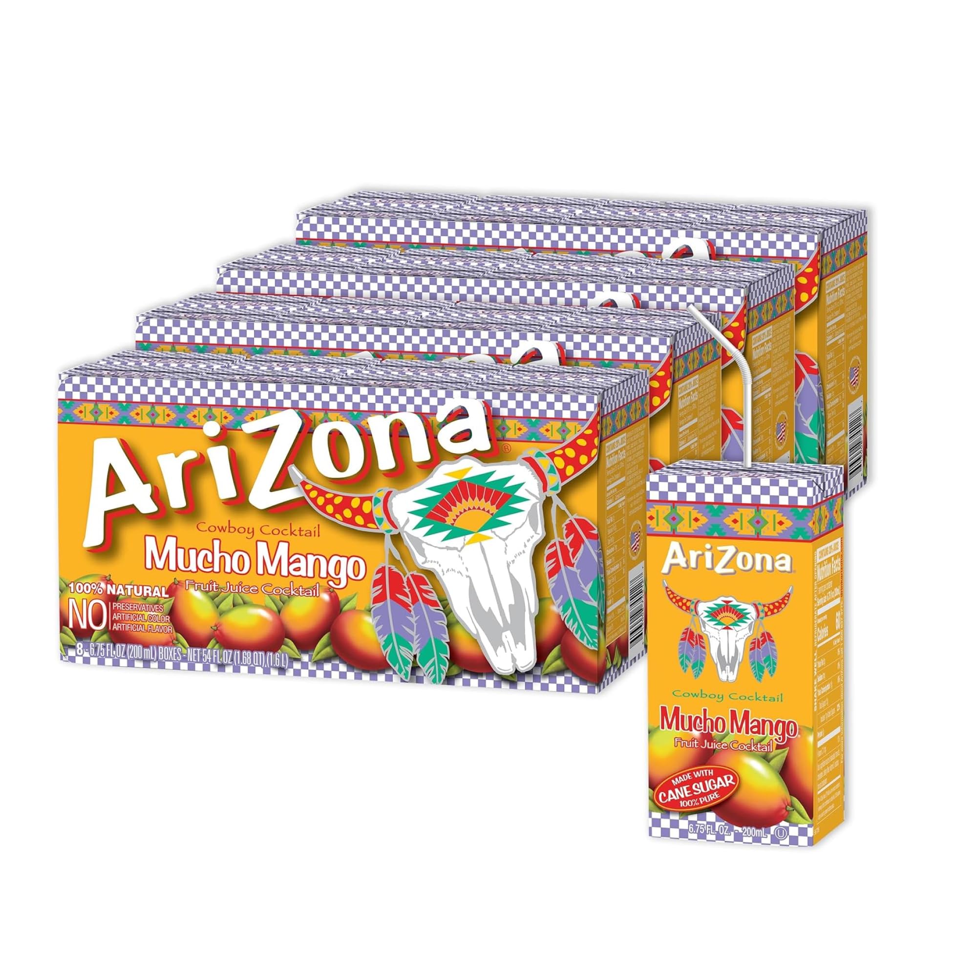 AriZona Mucho Mango vista frontal del envase mostrando la etiqueta y color atractivo