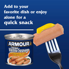 Armour Star lata abierta mostrando salchichas listas para comer y conveniencia