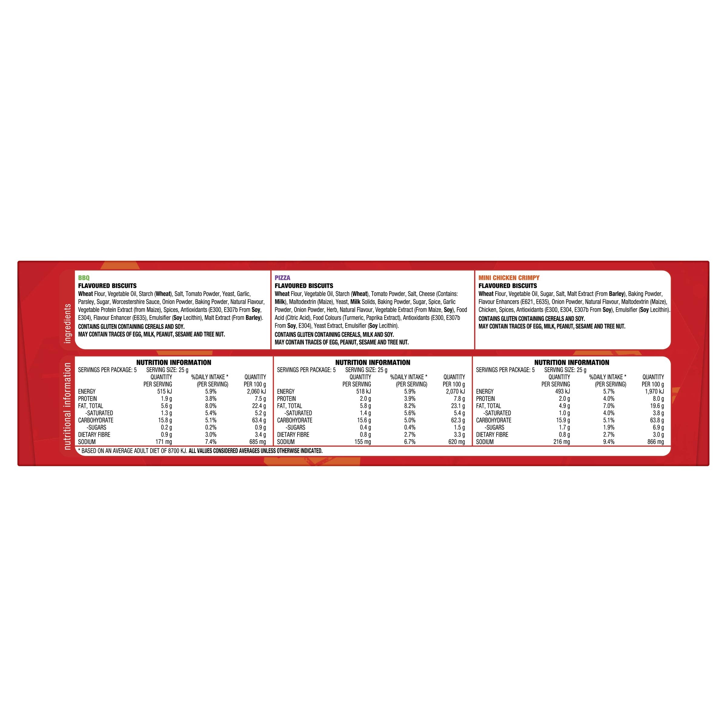 Arnott's Shapes textura crujiente de la galleta con condimento visible, sabor intenso