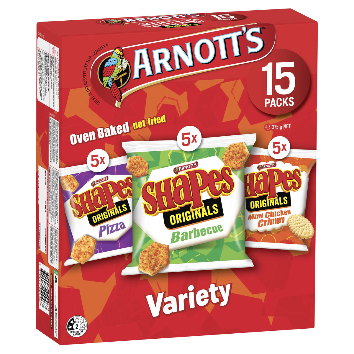 Arnott's Shapes frente del empaque mostrando la caja de 15 paquetes, conveniencia inmediata