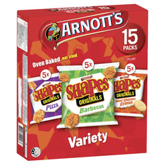 Arnott's Shapes frente del empaque mostrando la caja de 15 paquetes, conveniencia inmediata