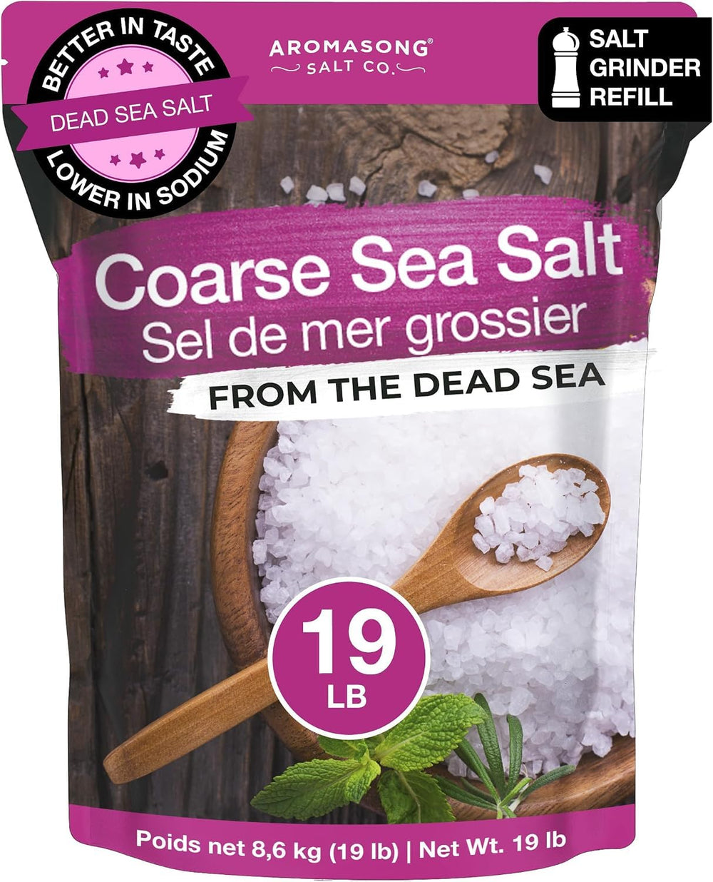 Aromasong bolsa frente mostrando 19 lb y etiqueta legible para almacenamiento largo