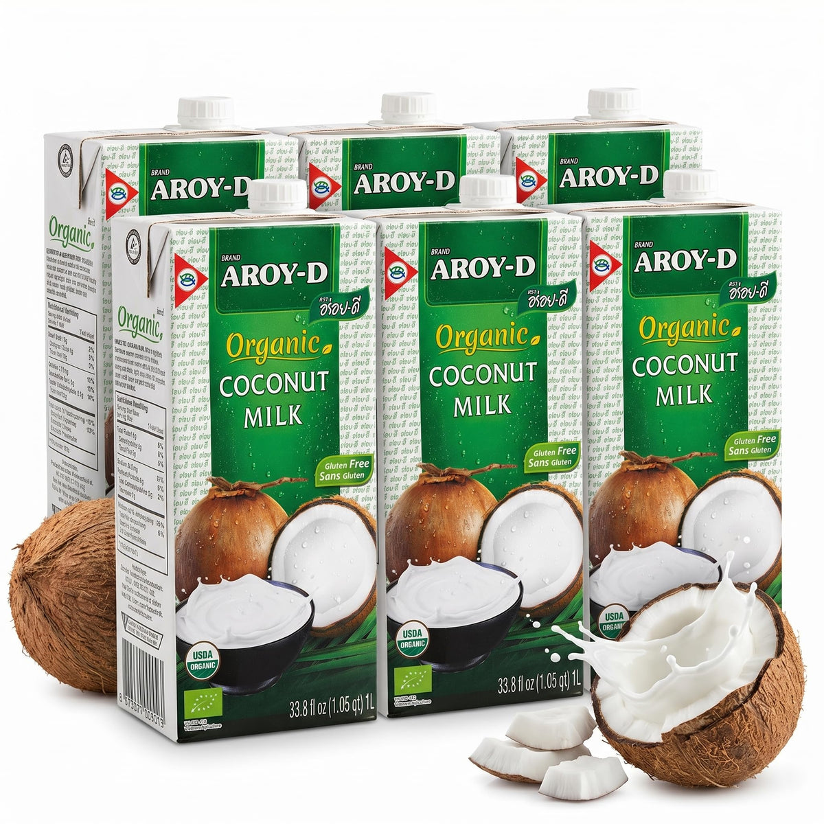 Aroy-D cartón frontal mostrando tamaño y marca para uso culinario