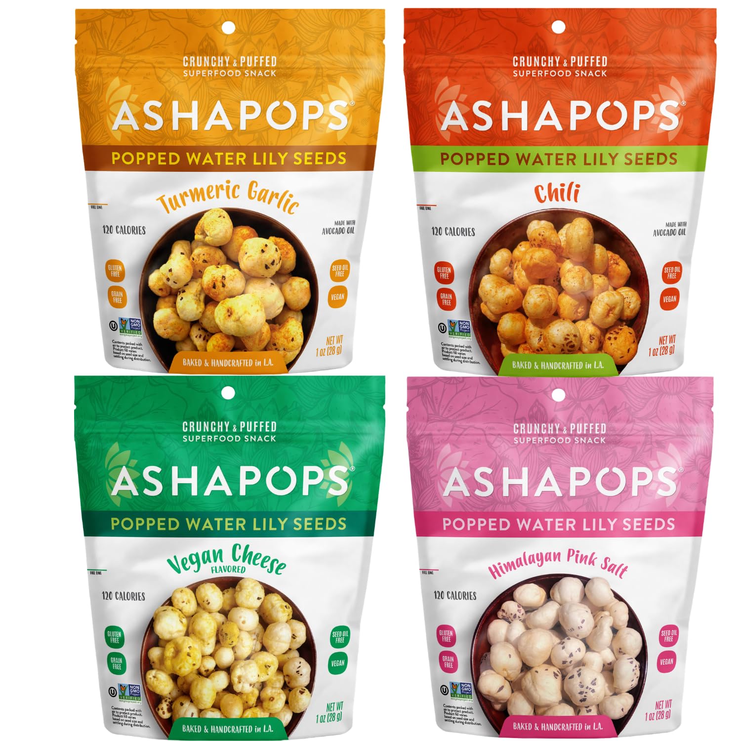 AshaPops pack frontal mostrando las cuatro bolsas y variedad de sabores