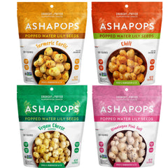 AshaPops pack frontal mostrando las cuatro bolsas y variedad de sabores