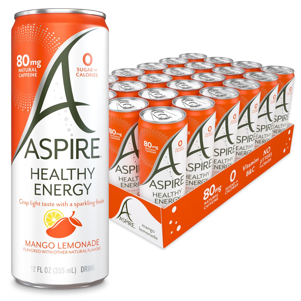 ASPIRE lata frontal de mango limonada mostrando etiqueta y beneficio energético