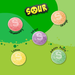 Assortit Skittles Sours pouch abierto con gominolas listas para servir y compartir