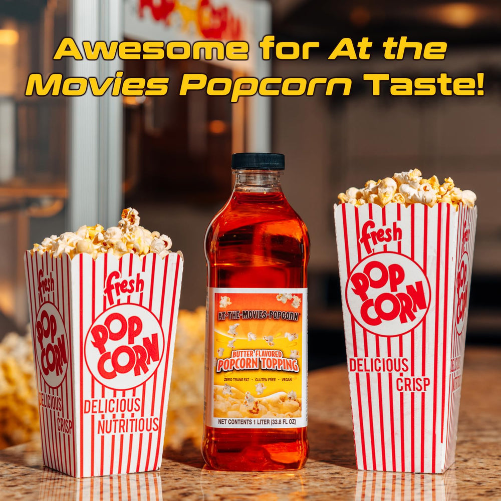 At-The-Movies-Popcorn vertiendo sobre palomitas en casa para sabor de cine inmediato