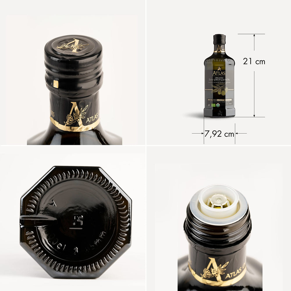 A ATLAS OLIVE OILS comparación de tamaño en mano para referencia práctica