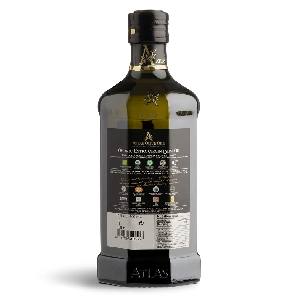 A ATLAS OLIVE OILS etiqueta orgánica y certificaciones visibles y claras