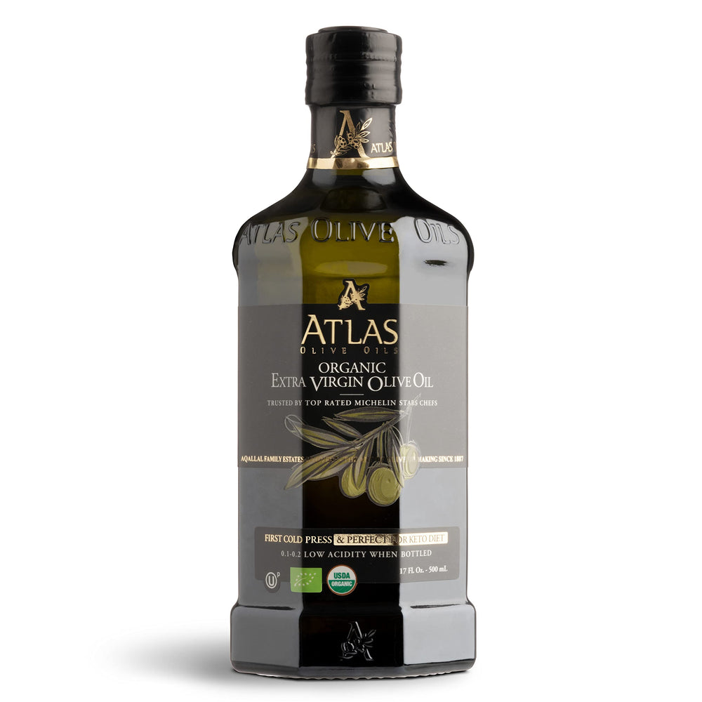 A ATLAS OLIVE OILS botella frontal 500 mL mostrando diseño y pureza