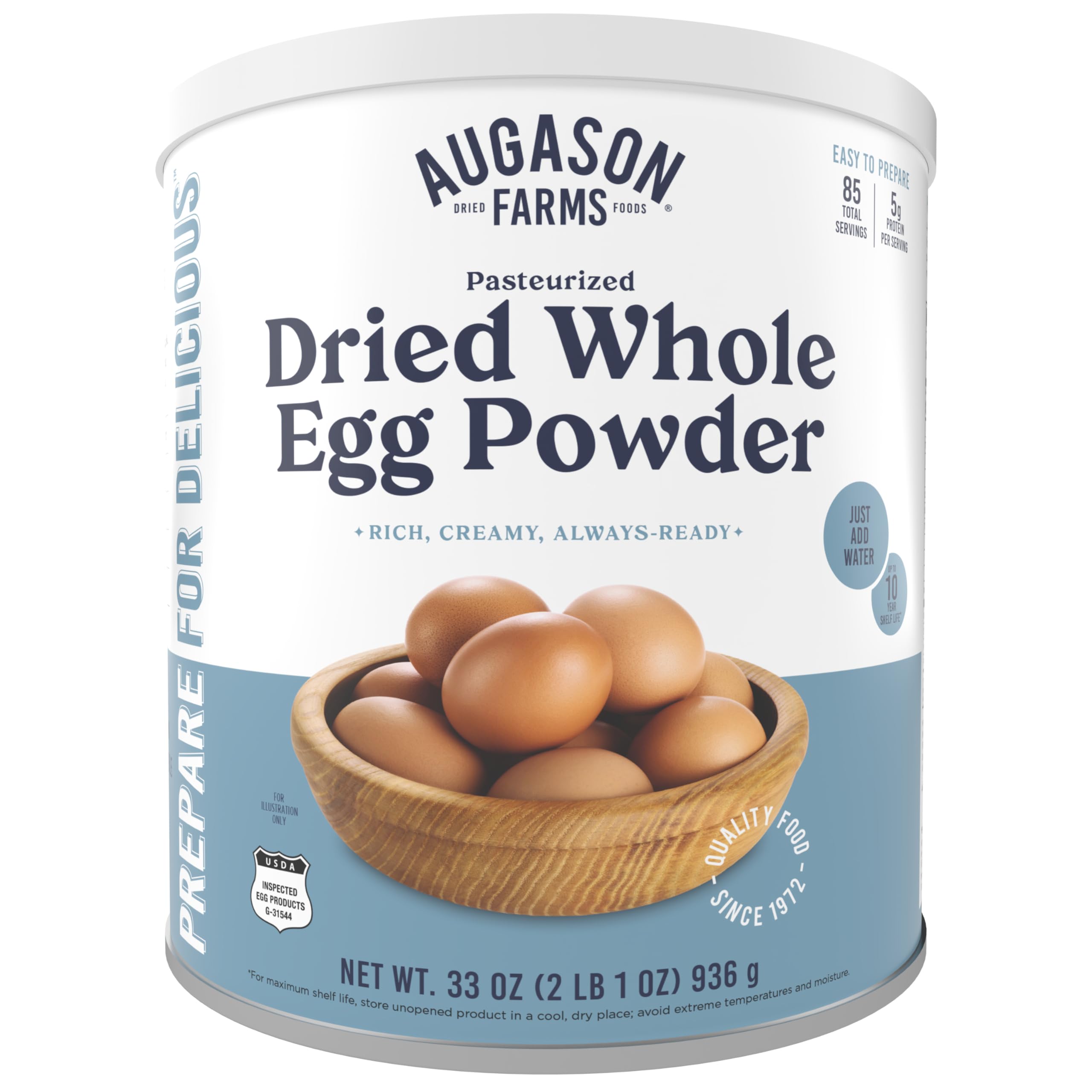 Augason Farms lata frontal mostrando el envase y beneficio conservación