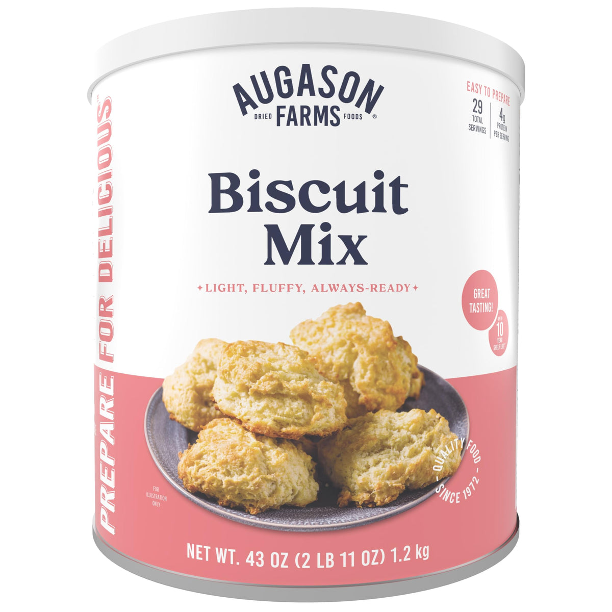 Augason Farms lata frontal mostrando la mezcla y beneficios de conservación