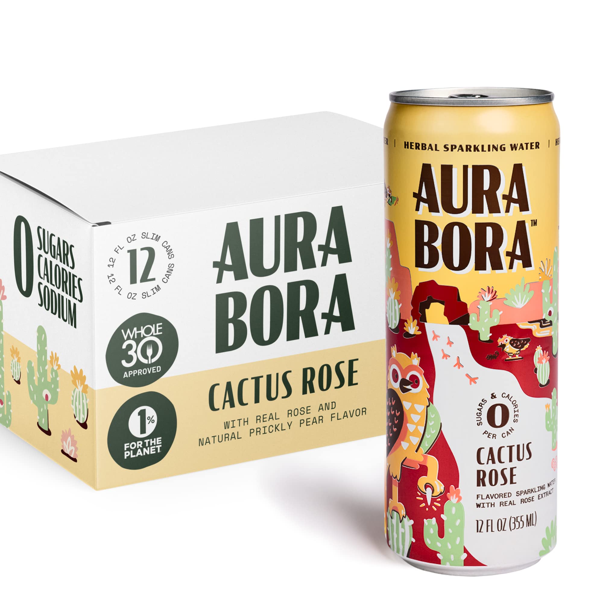 Aura Bora lata frontal mostrando etiqueta y diseño atractivo